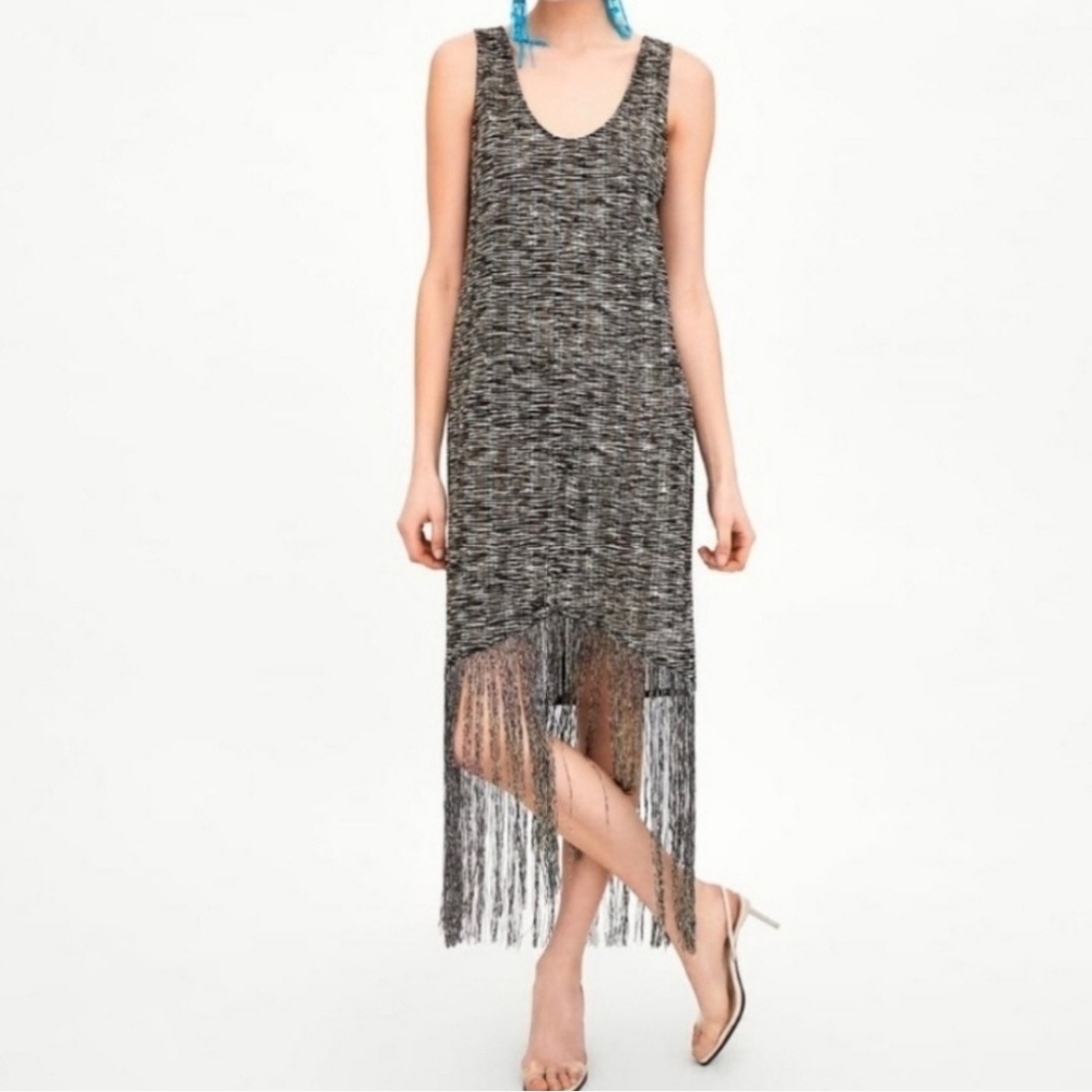 Zara Trafaluc Fringe Hem Sleeveless Sheer Overlay Dress